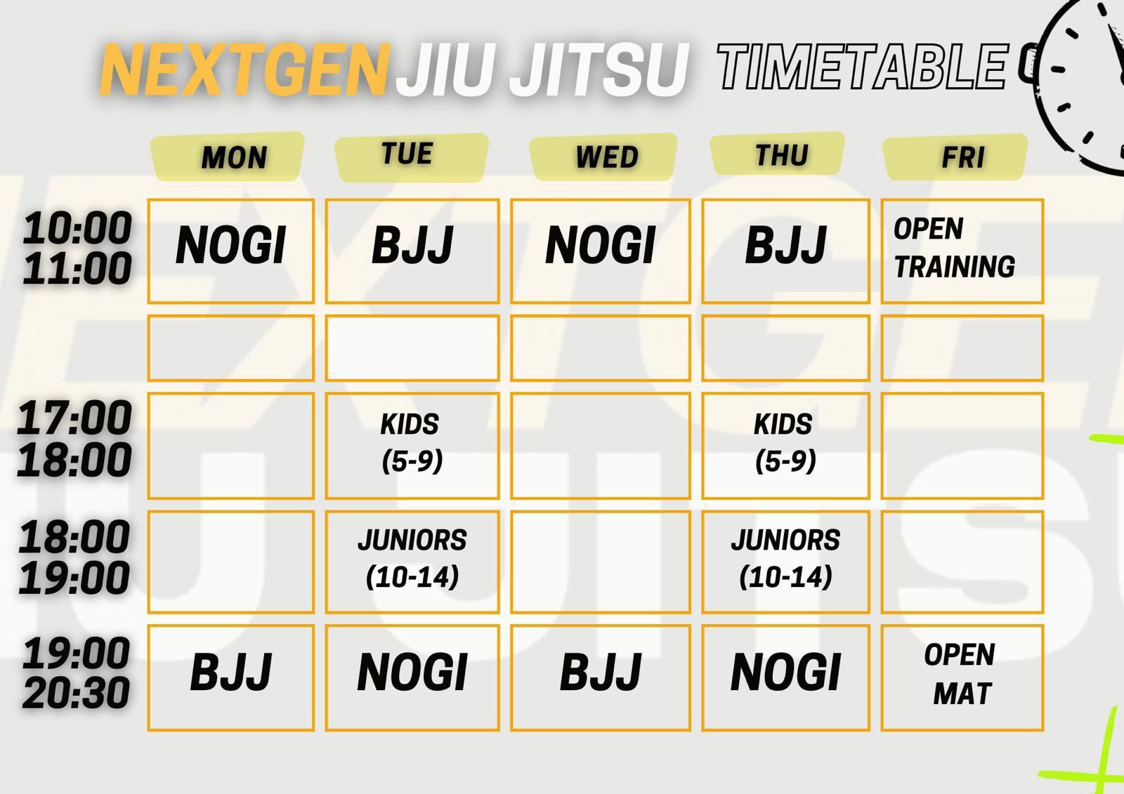 Jiu Jitsu Timetable